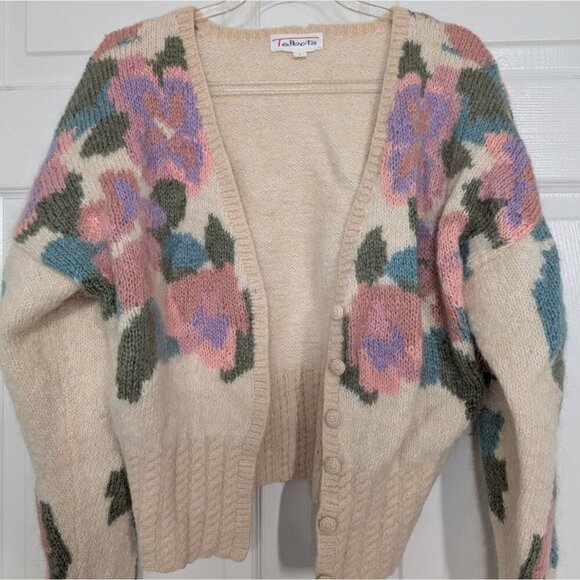 Talbots Floral Cardigan Womens Size Medium Cream Vintage V Neck Button Front - Picture 2 of 13